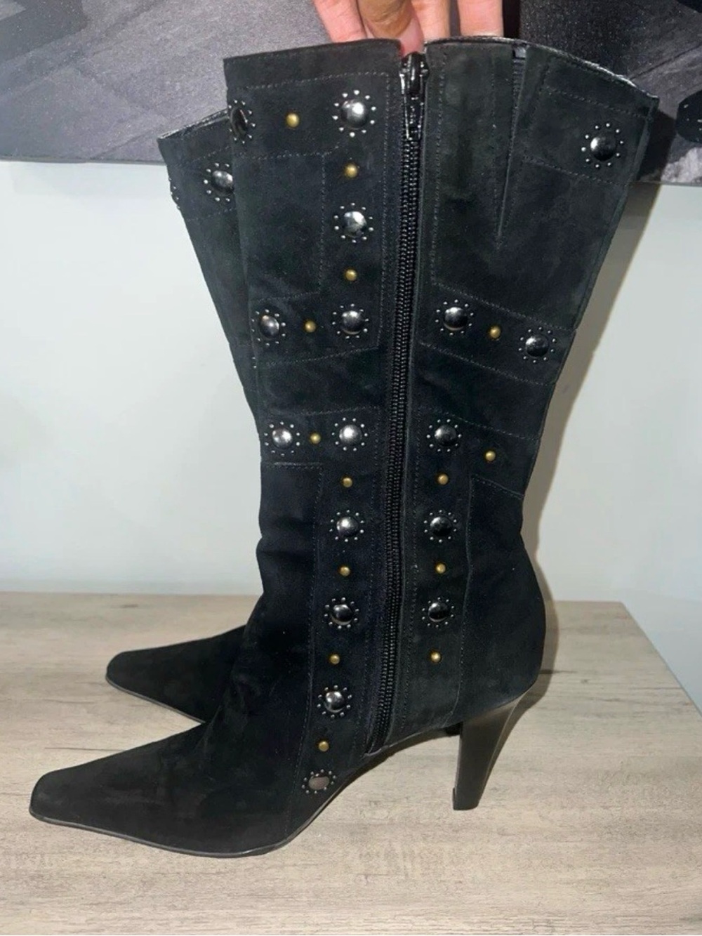 ANTONIO MELANI Black Studded Mid-Calf Heel Boots Size 7
